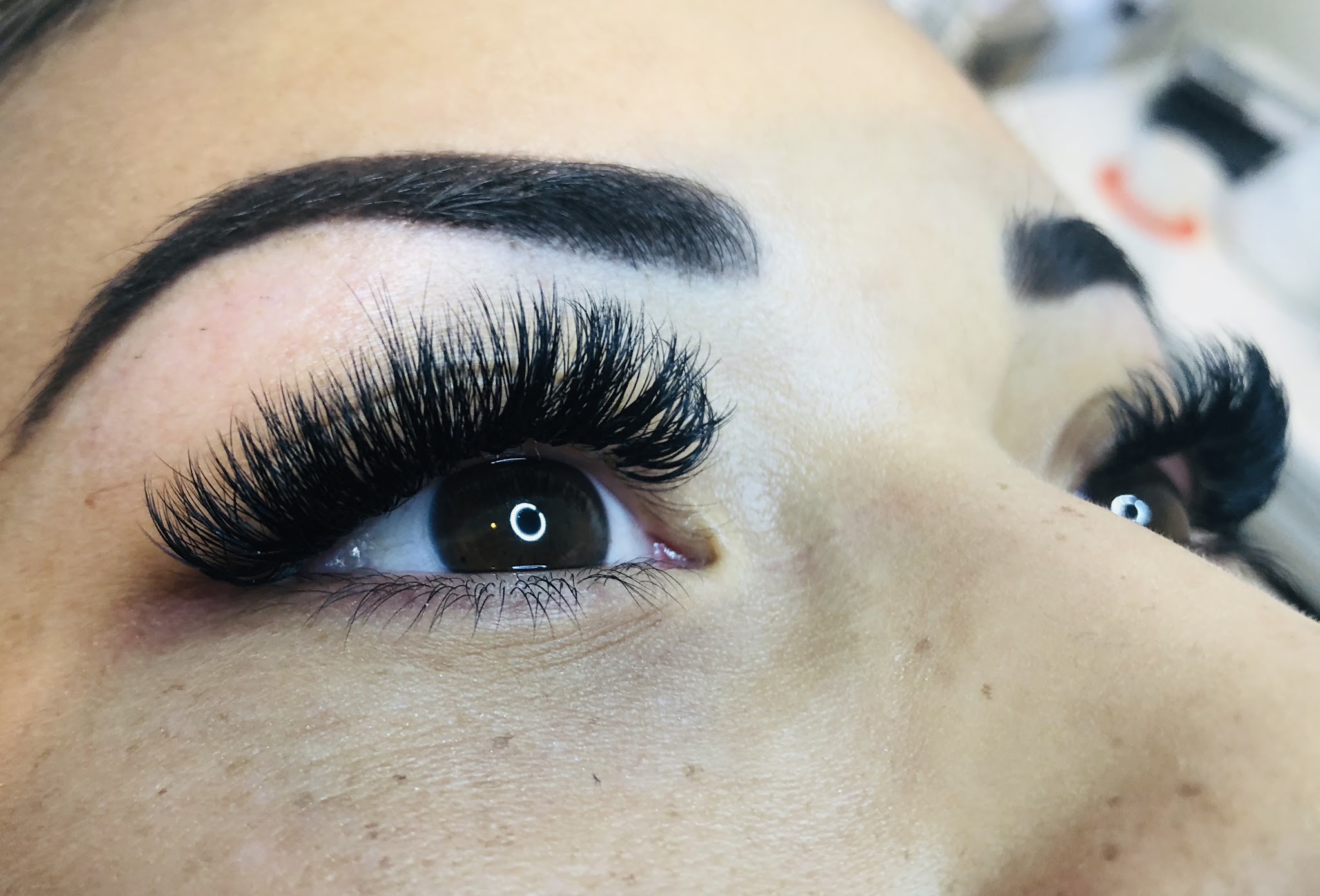Volume wimperextensions met wenkbrauw, close-up